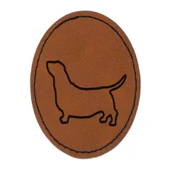 Basset Hound Dog Outline Round Iron-On Engraved Faux Leather Patch Applique - 2.5" Brown
