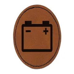Car Battery Icon Round Iron-On Engraved Faux Leather Patch Applique - 2.5" Brown