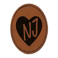 NJ New Jersey State in Heart Round Iron-On Engraved Faux Leather Patch Applique - 2.5" Brown