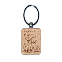 Dog and Cat Best Pet Friends Engraved Wood Square Keychain Tag Charm