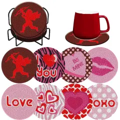 Denylo pro 8 Pcs Valentine's Day Diamond Art Painting Coasters Kits with Holder DIY Valentine's Day Diamond Art Coaster for Adults Diamond Painting Kits Supplies for Valentine's Day Gift
