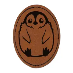 Cute Fluffy Baby Penguin Round Iron-On Engraved Faux Leather Patch Applique - 2.5" Brown