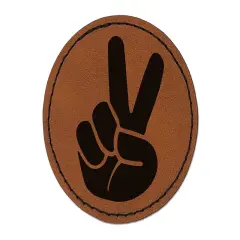 Peace Hand Sign Round Iron-On Engraved Faux Leather Patch Applique - 2.5" Brown