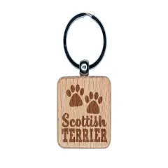 Scottish Terrier Dog Paw Prints Fun Text Engraved Wood Square Keychain Tag Charm