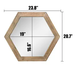 Decorative 24" Hexagon Hanging Wall Mirror with Natural Wood Frame and Attached Hanging Bracket, Rustic Farmhouse Decor for the Living Room, Bathroom, Bedroom, and Entryway Brown