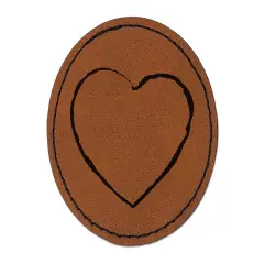 Heart Sketch Love Outline Round Iron-On Engraved Faux Leather Patch Applique - 2.5" Brown
