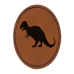 Tyrannosaurus Rex Dinosaur Solid Round Iron-On Engraved Faux Leather Patch Applique - 2.5" Brown
