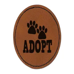 Adopt Cat Dog Paw Print Round Iron-On Engraved Faux Leather Patch Applique - 2.5" Brown