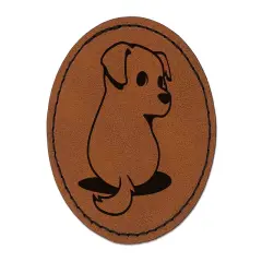 Cute Puppy Looking Back Round Iron-On Engraved Faux Leather Patch Applique - 2.5" Brown