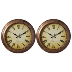 Pack of 2 15.5" Wall Clock for Home Kitchen Living/Dining Room Office Over Fireplace Decor Easy to Read Rustic Bronze Non-Ticking Large Roman Numerals Battery Operated Plastic Traditional Round
