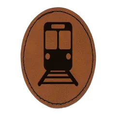 Train Tram Rail Railway Station Icon Round Iron-On Engraved Faux Leather Patch Applique - 2.5" Brown