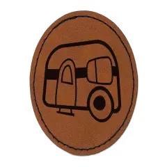 Camper Doodle Round Iron-On Engraved Faux Leather Patch Applique - 2.5" Brown