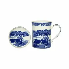 Spode Blue Italian Mug & Coaster Set 12 Oz, Large Handle, Made of Fine Porcelain