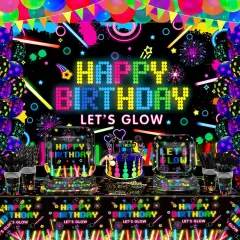 Glow Neon Party Supplies Neon Glow Plate Set Neon Balloon Glow in the Dark Happy Birthday Backdrop Glow Birthday Blacklight Party Decoration Neon Glow Birthday Tableware