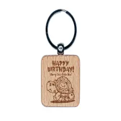 Happy Birthday Late Turtle Engraved Wood Square Keychain Tag Charm