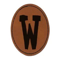 Letter W Uppercase Cute Typewriter Font Round Iron-On Engraved Faux Leather Patch Applique - 2.5" Brown
