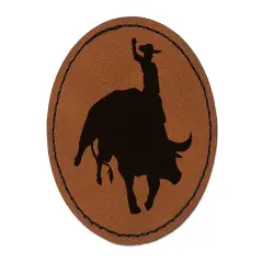 Rodeo Cowboy Riding on Bucking Bull Round Iron-On Engraved Faux Leather Patch Applique - 2.5" Brown