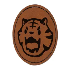 Cute and Fierce Tiger Head Round Iron-On Engraved Faux Leather Patch Applique - 2.5" Brown