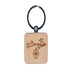 Bird Cage on Tree Branch Engraved Wood Square Keychain Tag Charm