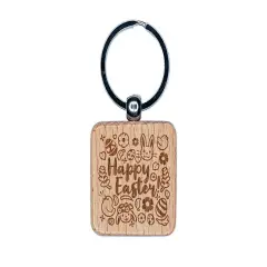 Happy Easter with Bunny Chicks Flowers and Eggs Engraved Wood Square Keychain Tag Charm