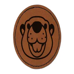 Cute Toothy Beaver Head Round Iron-On Engraved Faux Leather Patch Applique - 2.5" Brown