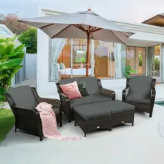 5 Pieces Patio Rattan Sofa Set with Cushion and Ottoman Grey