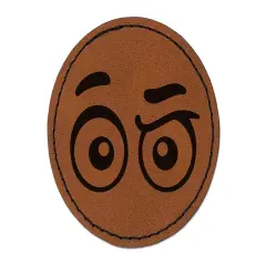 Cartoon Eyes Raised Brow Concerned Confused Judging Round Iron-On Engraved Faux Leather Patch Applique - 2.5" Brown