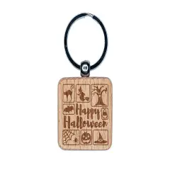 Happy Halloween Icons Bat Cat Hat Spider Engraved Wood Square Keychain Tag Charm