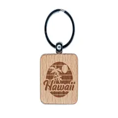 Hawaii Sunset Text with Palm Trees Engraved Wood Square Keychain Tag Charm