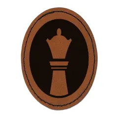 Chess Piece White Queen Round Iron-On Engraved Faux Leather Patch Applique - 2.5" Brown