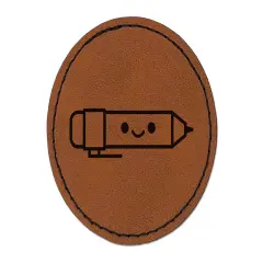 Kawaii Mechanical Pencil Teacher School Round Iron-On Engraved Faux Leather Patch Applique - 2.5" Brown