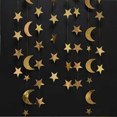 Gold Star Moon Garland Hanging Garands Streamers Banner Backdrop for Twinkle Little Star Party Decoration First Birthday/Baby Shower/Wedding//Kids Room/Nursery/Ramadan EID/Graduation Decor