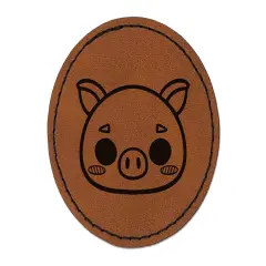 Charming Kawaii Chibi Pig Face Blushing Cheeks Round Iron-On Engraved Faux Leather Patch Applique - 2.5" Brown
