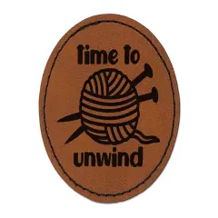 Time to Unwind Knitting Round Iron-On Engraved Faux Leather Patch Applique - 2.5" Brown