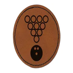 Bowling Ball Rolling Towards Pins Round Iron-On Engraved Faux Leather Patch Applique - 2.5" Brown