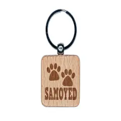 Samoyed Dog Paw Prints Fun Text Engraved Wood Square Keychain Tag Charm