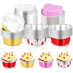 60 Sets Heart Shaped Cake Pans with Lids, 3.4 Ounces/ 100 ml, Aluminum Foil Mini Disposable Heart Cupcake Pans for Valentine's Day Wedding Parties (Gold, Red, Pink, White)