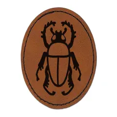 Scarab Beetle Round Iron-On Engraved Faux Leather Patch Applique - 2.5" Brown