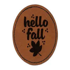 Hello Fall Round Iron-On Engraved Faux Leather Patch Applique - 2.5" Brown