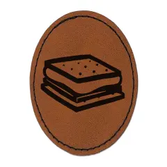 S'mores Graham Cracker Chocolate Marshmallow Campfire Snack Round Iron-On Engraved Faux Leather Patch Applique - 2.5" Brown