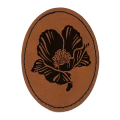 Pretty Poppy Flower Round Iron-On Engraved Faux Leather Patch Applique - 2.5" Brown