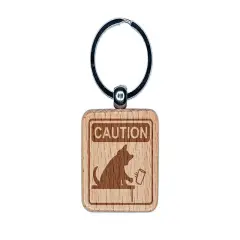 Caution Cat Knocks Things Over Engraved Wood Square Keychain Tag Charm