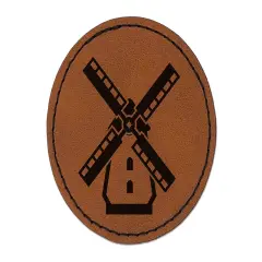 Dutch Windmill Round Iron-On Engraved Faux Leather Patch Applique - 2.5" Brown
