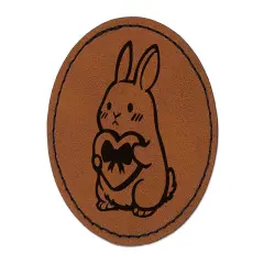 Cute Bunny Rabbit with Valentine's Day Heart Round Iron-On Engraved Faux Leather Patch Applique - 2.5" Brown