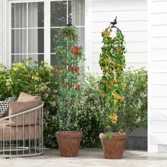 Set of 2 Height Adjustable Garden Trellis Towers with Decorative Tops Plant Support for Vines or Flowers