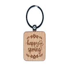 Happy Spring Bird and Flowers Engraved Wood Square Keychain Tag Charm