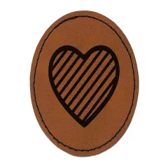 Heart with Stripes Round Iron-On Engraved Faux Leather Patch Applique - 2.5" Brown