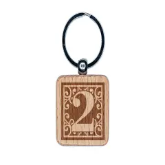Monogram Swirls Number 2 Two Engraved Wood Square Keychain Tag Charm