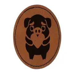 Cautious Pig with Heart in Hands Round Iron-On Engraved Faux Leather Patch Applique - 2.5" Brown