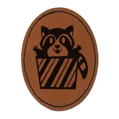 Raccoon Jumping Out Present Christmas Holiday Round Iron-On Engraved Faux Leather Patch Applique - 2.5" Brown